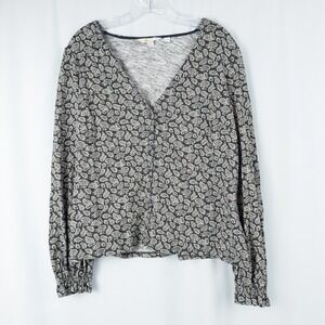 Boden Paisley Cotton Knit Button Front V Neck Top Womens 20/22 (XL) Green Boho